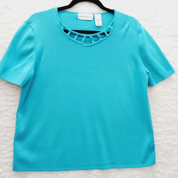 T-Shirt Size M Aqua Knit Pullover Lattice Neck Short Sleeve Soft Girl Basic Y2K - Picture 1 of 10